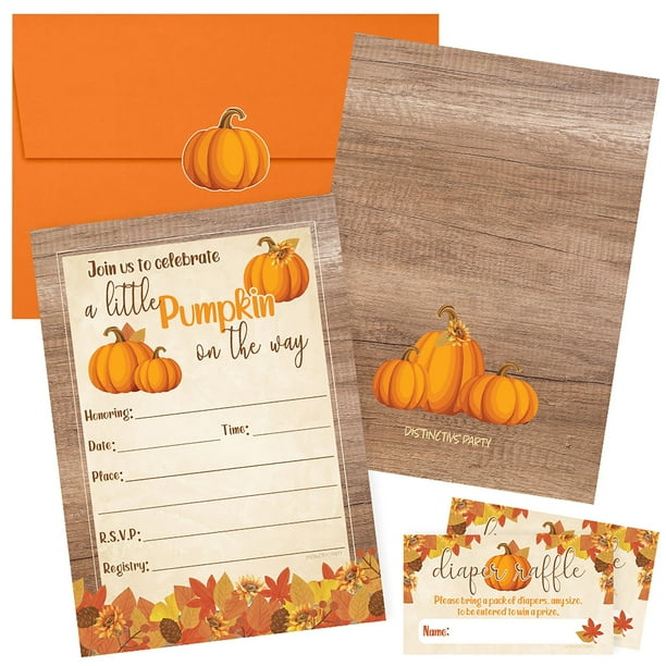 Fall Little Pumpkin Baby Shower Invitation Kit with Diaper Raffle Tickets  and Orange Envelopes - 10 Invites - Distinctivs - Walmart.com