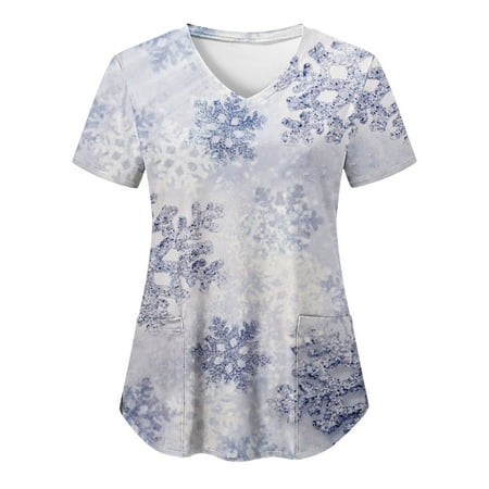 

TAIAOJING Women Scrubs Top Casual Christmas Snowflake Fun Gradient Print Short Sleeve Workwear