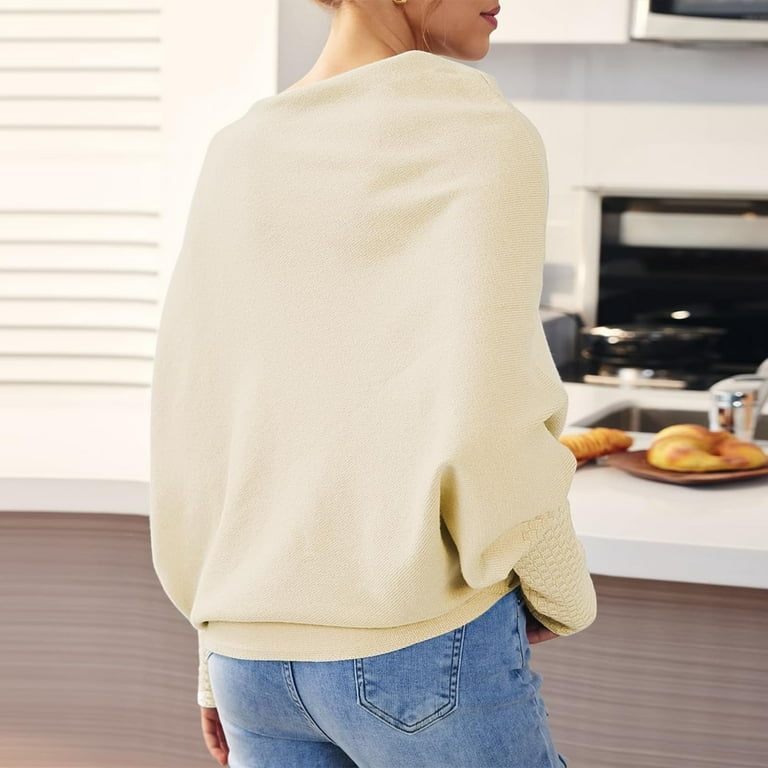 Asymmetric Draped Jumper - Batwing Sleeve Oversized Sweater, Off Shoulder Casual Knit Pullover