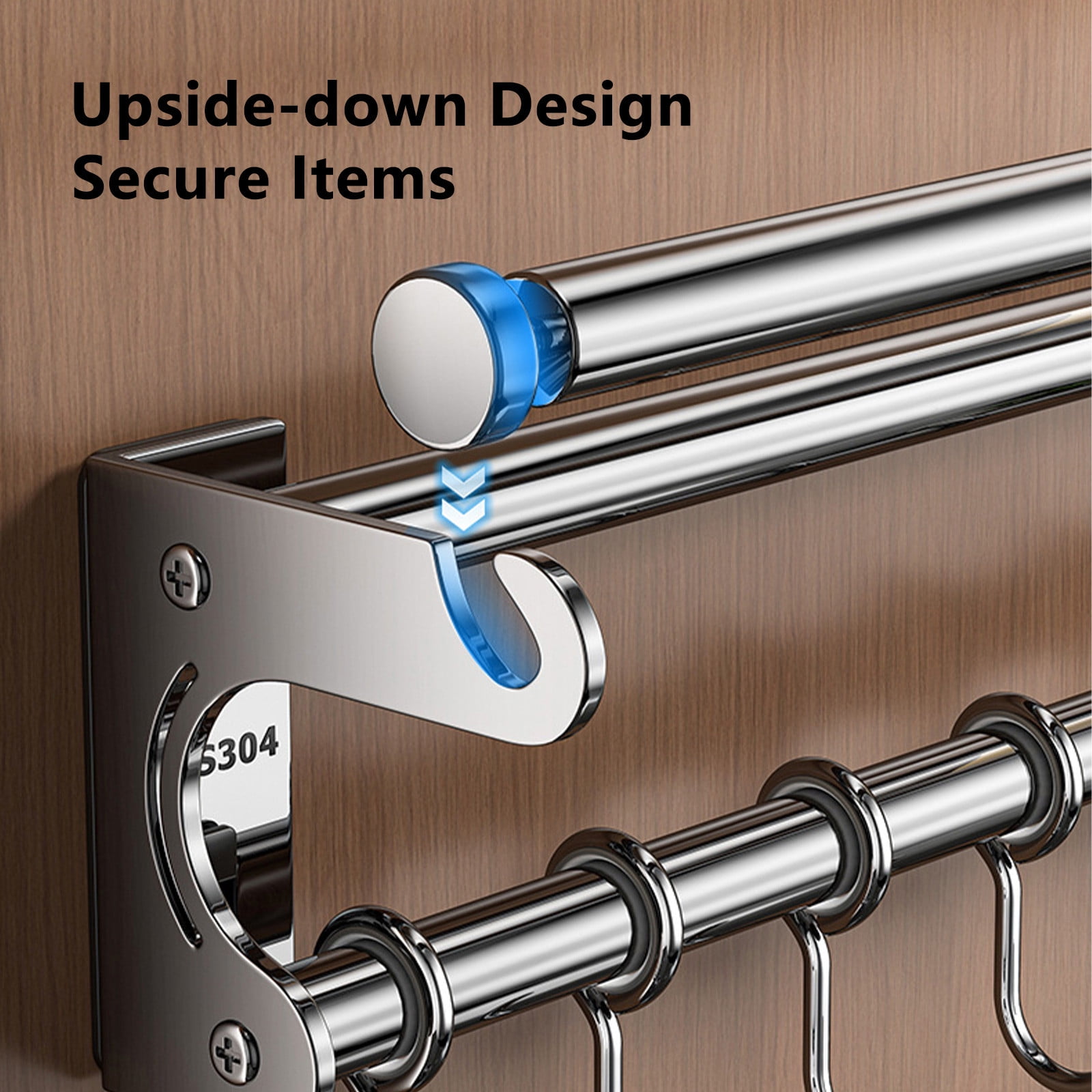 Kitchen Utensil Hooks, Kitchen Rail Kitchen Utensils Rack, No Drilling Adhesive Stainless Steel Hanging Rail Rack, Wall Mounted Hanger Organizer for Bathroom(with 10 Hooks, 19.7in)