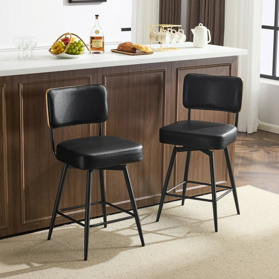 LLToo Swivel Counter Height Bar Stool Chairs Set of 2 for Kitchen Island Upholstered,Black
