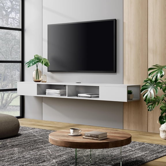 Floating TV Stand - Modern High Gloss TV Stand with Storage Cabinets and LED Lights - Wall Mounted Media Entertainment Center Console Stand for TVs Up to 90