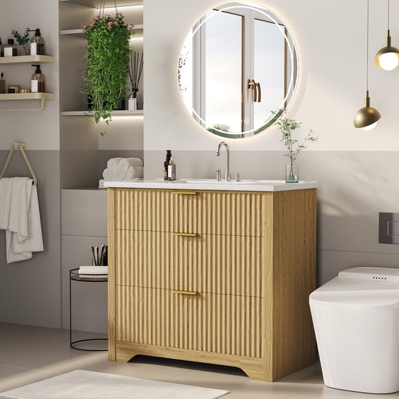 Meuble-Lavabo de Salle de Bain Cannelée de 36 Pouces, Assemblage et Nettoyage Faciles, Armoire de Lavabo de Salle de Bain Autoportante Style Ferme avec 2 Tiroirs et 1 Tiroir Rabattable