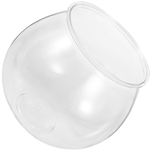unbranded pecera transparente de plástico resistente para decorar hogar oficina o jardín 3/4 vista frontal con apertura superior; pecera esférica de plástico transparente, superficie lisa sin adornos, dimensiones aproximadas 12x12x10.5 cm; ideal como acuario pequeño de escritorio o pieza decorativa y también suele usarse como maceta decorativa portátil.