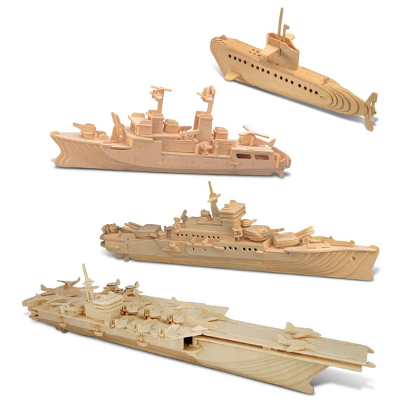 Puzzled Bundle of Submarine, Destroyer, Battleship & Aircraft Carrier Wooden 3D Puzzles Construction Kits, Educational DIY Naval Ships Toys Assemble Models Unfinished Wood Craft Hobby Puzzles - 4 Pack