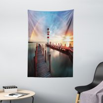 Lighthouse Tapestry, Sunset at Seaside Wooden Docks Lighthouse Clouds Rainbow Waterfront Reflection, Wall Hanging for Bedroom Living Room Dorm Decor, 40W X 60L Inches, Multicolor, by Ambesonne