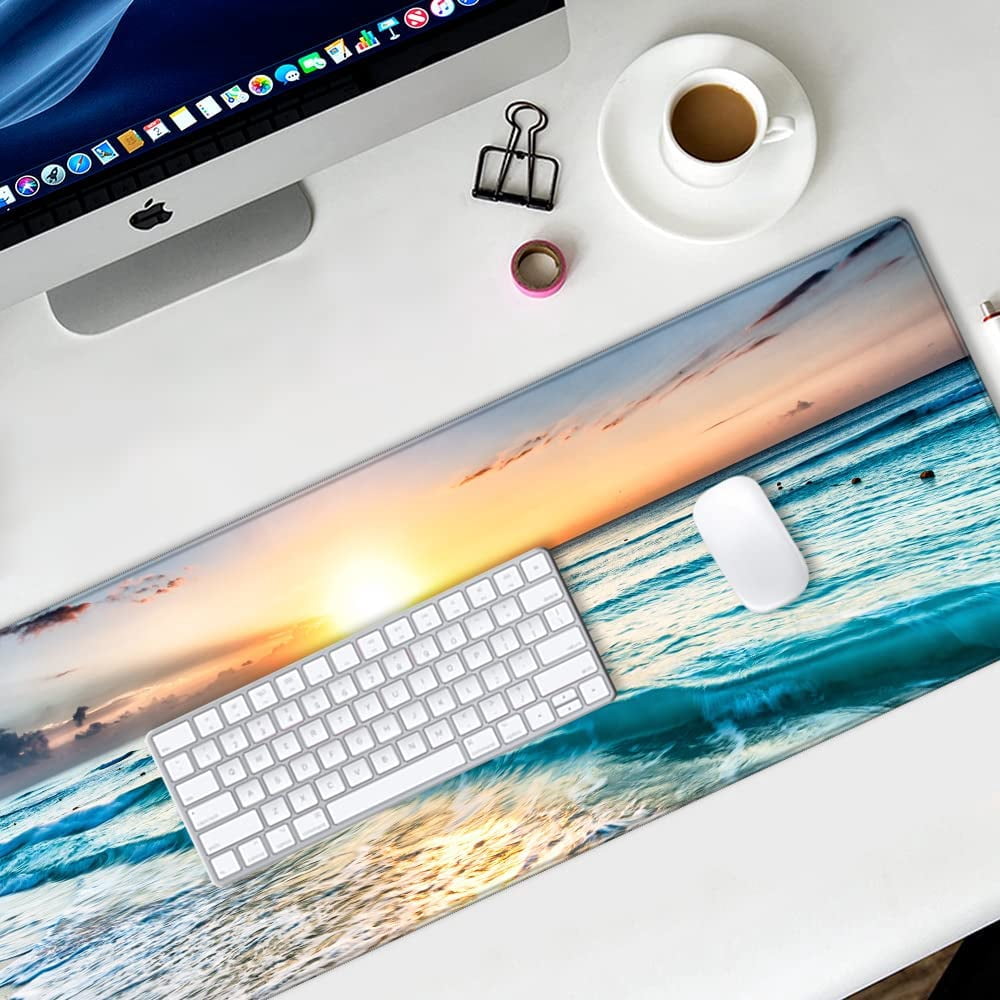 Desk Pad Protector,Mouse Pad with Non-Slip Rubber Base,Textured & Waterproof Mousepad with Stitched Edges,Large Desk mats for Computers,Laptop,Gaming,Office & Home,31.5 x 11.8 in,Beach