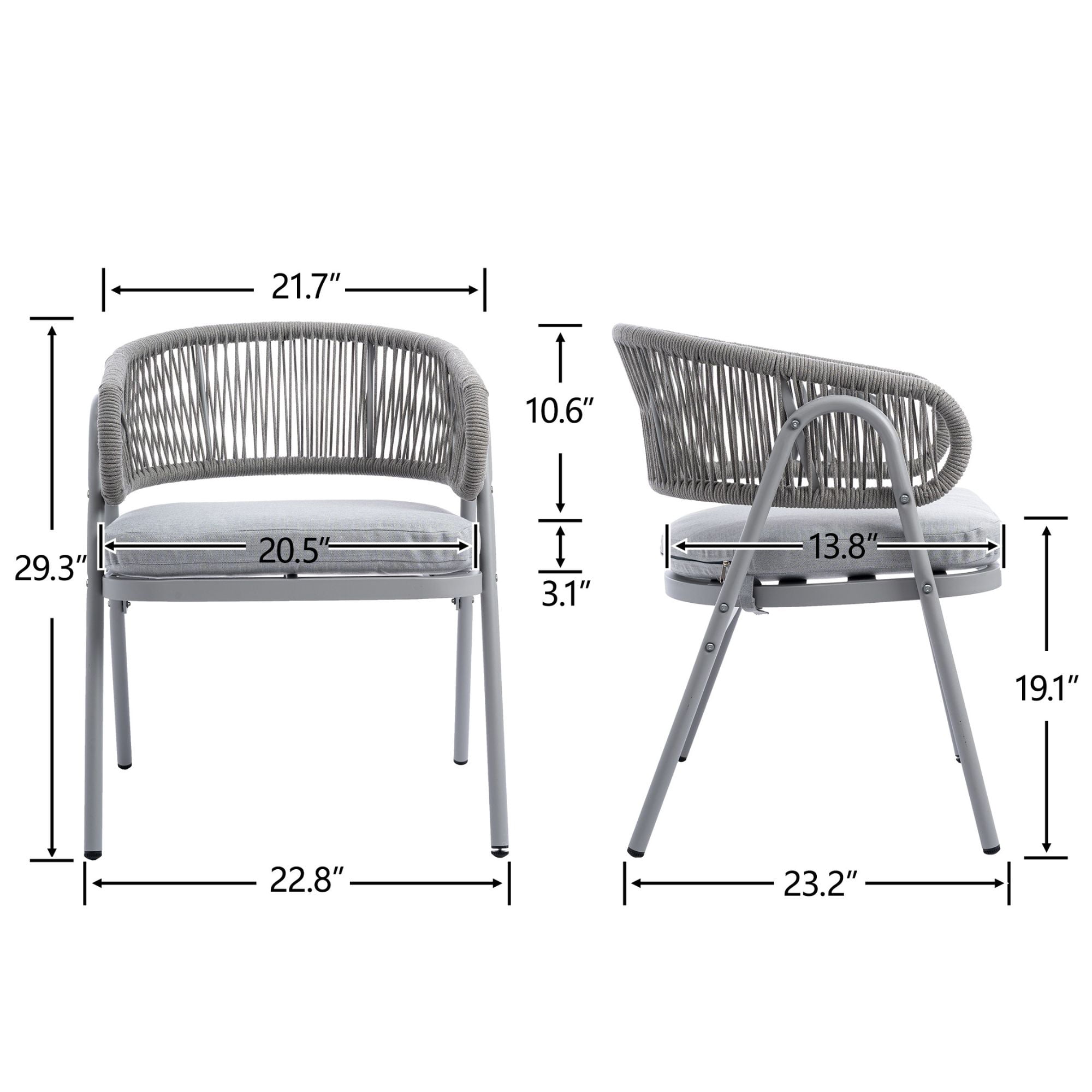 Dayalane Outdoor Dining Chairs Set of 4, Modern Rope Woven Patio Armchairs with Curved Back, Weather-Resistant Metal Frame, Balcony Backyard Bistro Seating, Grey