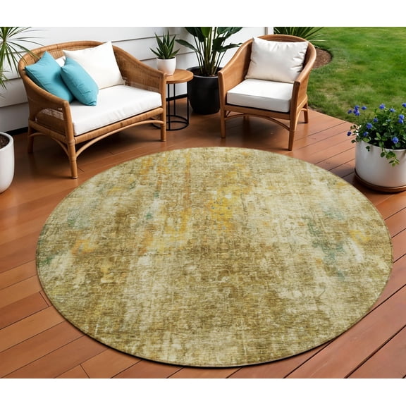8' Brown Beige And Gold Round Abstract Washable Indoor Outdoor Area Rug
