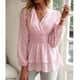 thumbnail image 5 of Blusa elegante de manga larga con cintura fruncida, cuello en V, dobladillo con volantes y jacquard de color puro a la moda para citas, color rosa L, 5 of 8