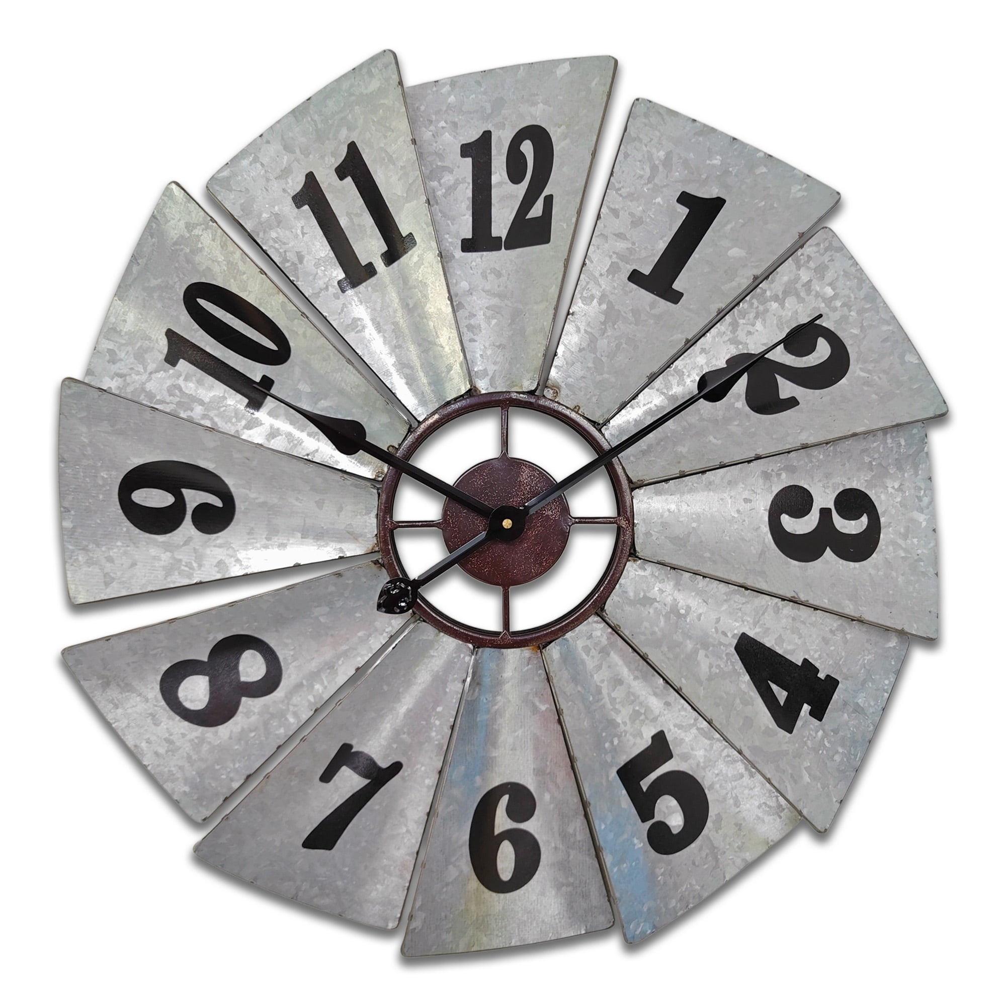 24 inch Galvanized Metal Windmill Wall Clock, Rustic Farmhouse Silent Wall Decor for Kitchen Living Room Bedroom