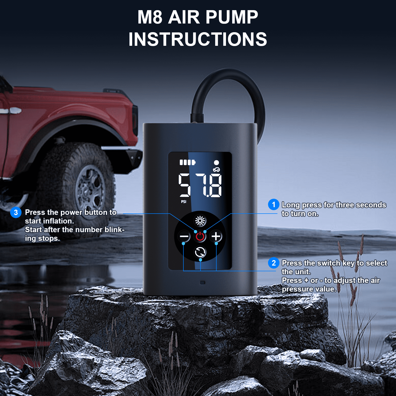 Cordless Portable Tire Inflator - 200 Psi Digital Pressure Gauge, Air Compressor for Car Tires with Automatic Shutoff, Emergency LED Light, Compact Automotive Pump