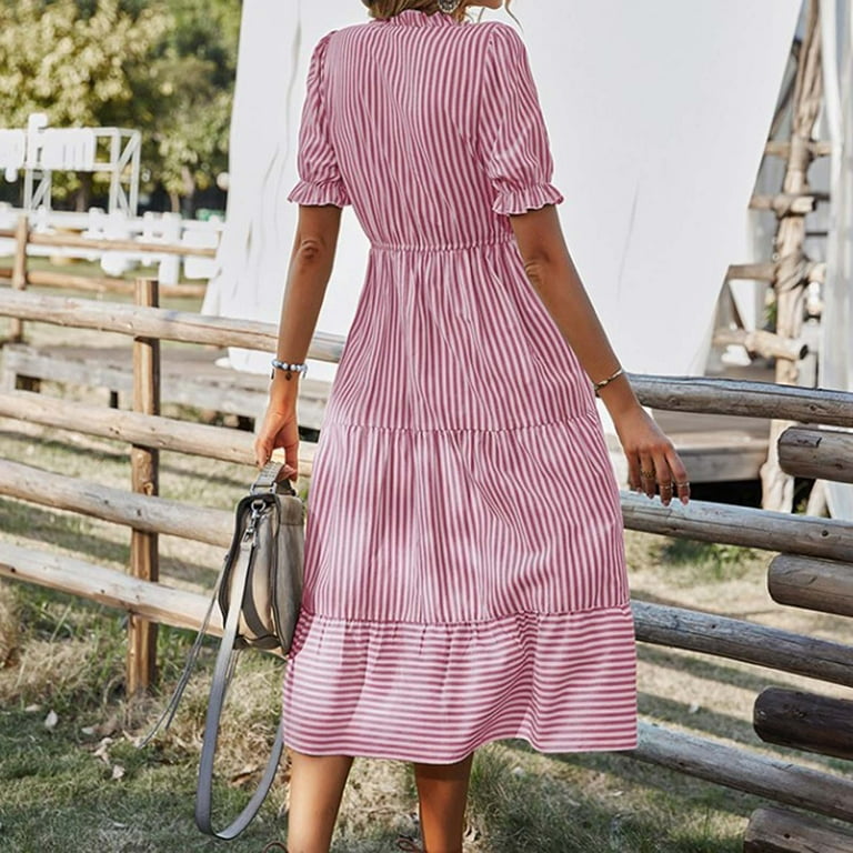 QUYUON Midi Dresses for Women Striped Print Ruffle Trim