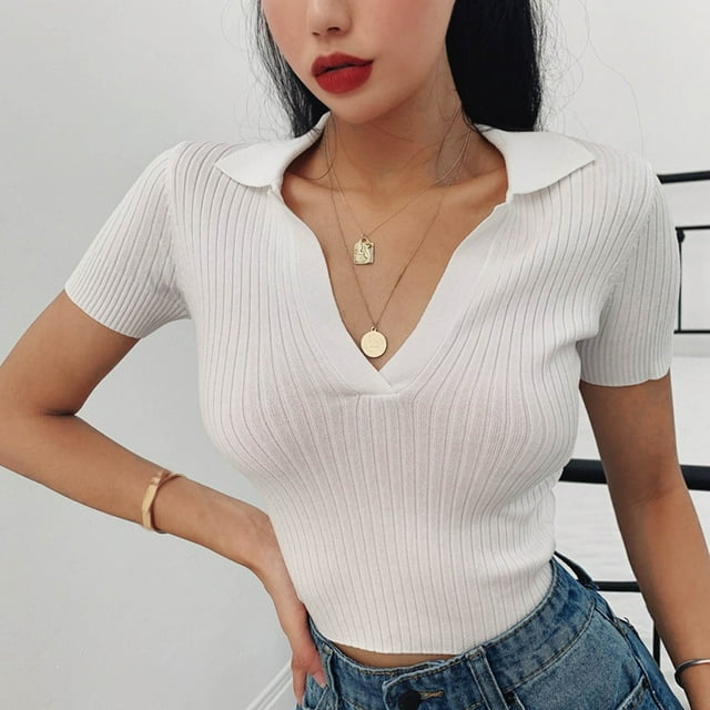 Roncen Women Knit Crop Polo Shirts,Summer Short Sleeve Ribbed Collared T-Shirt Solid Fitted V Neck Tops