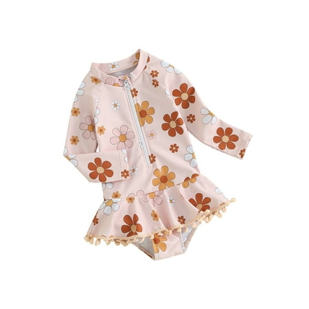 

Arvbitana Toddler Girls Summer Swimsuit Cute Floral Print Long Sleeve Romper Swimwear Infant Zipper Ruffled Bodysuit 6M-4T Kids Rashguard Bathing Suit Beach Wear