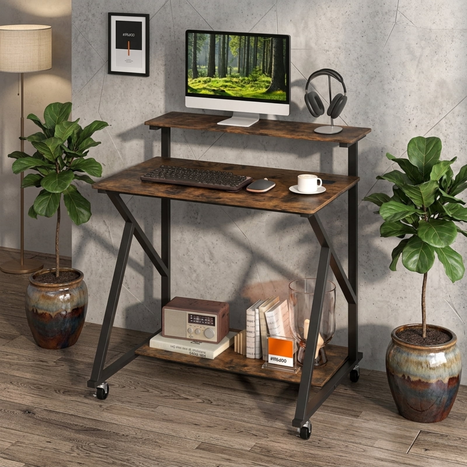 Furnibear 32 Inch Rolling Computer Desk for Small Spaces With Power Outlets and Monitor Shelf, Compact Home Office Desk on Wheels, Rustic Brown