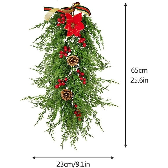 Artificial Christmas Pine Branch Poinsettia Teardrop Wreaths, 25in Faux Winter Pine Cones Greens Frosted Red Berries Mixed Bell Christmas Swag For Fro