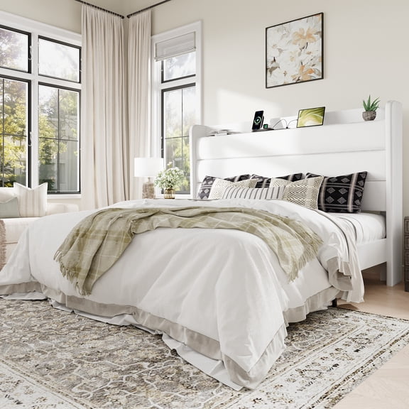 Allewie Queen Size Upholstered Bed Frame with Velvet Charging Station & Storage Headboard, White