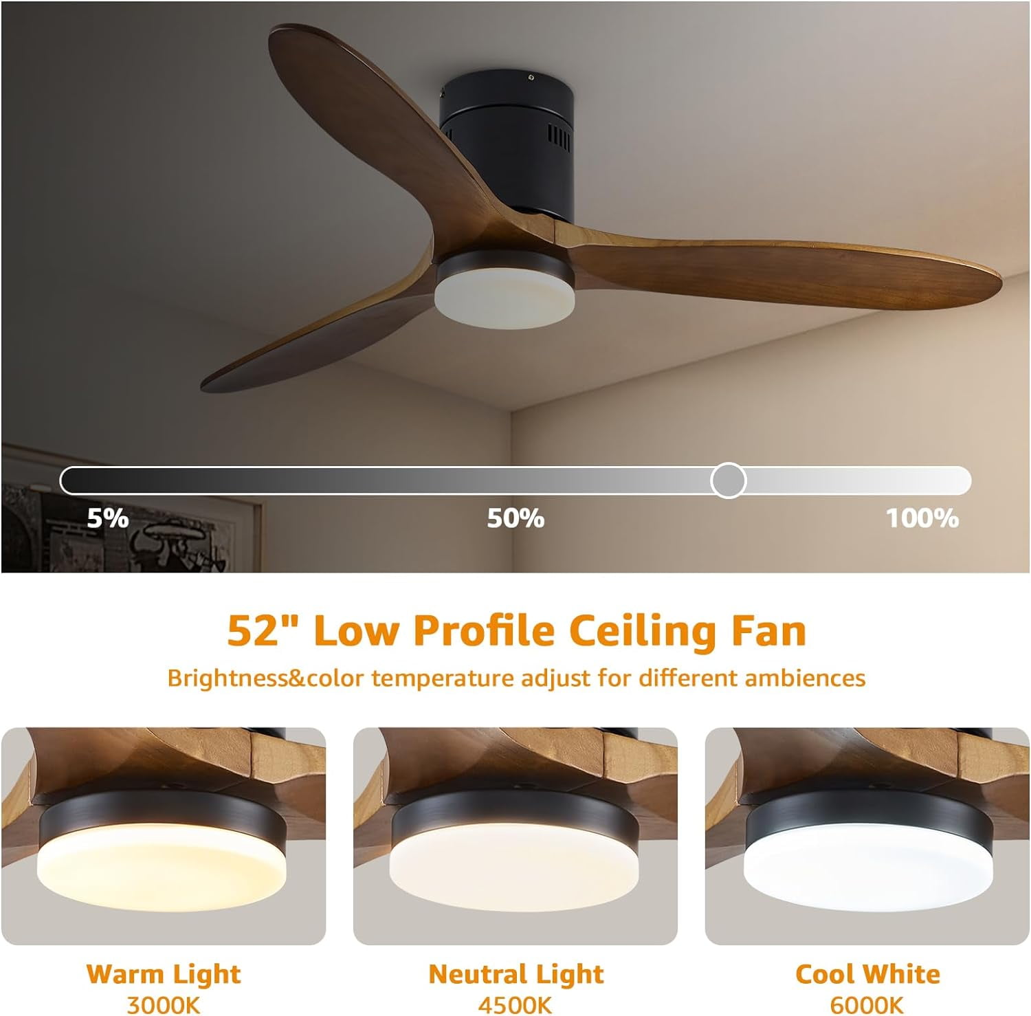 HOOMEDELIER 52'' Indoor Ceiling Fan with Light Kit,3 Blades,Reverse Airflow