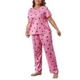 Pink Casual Heart Print Round Neck Pant Sets Short Sleeve Plus Size