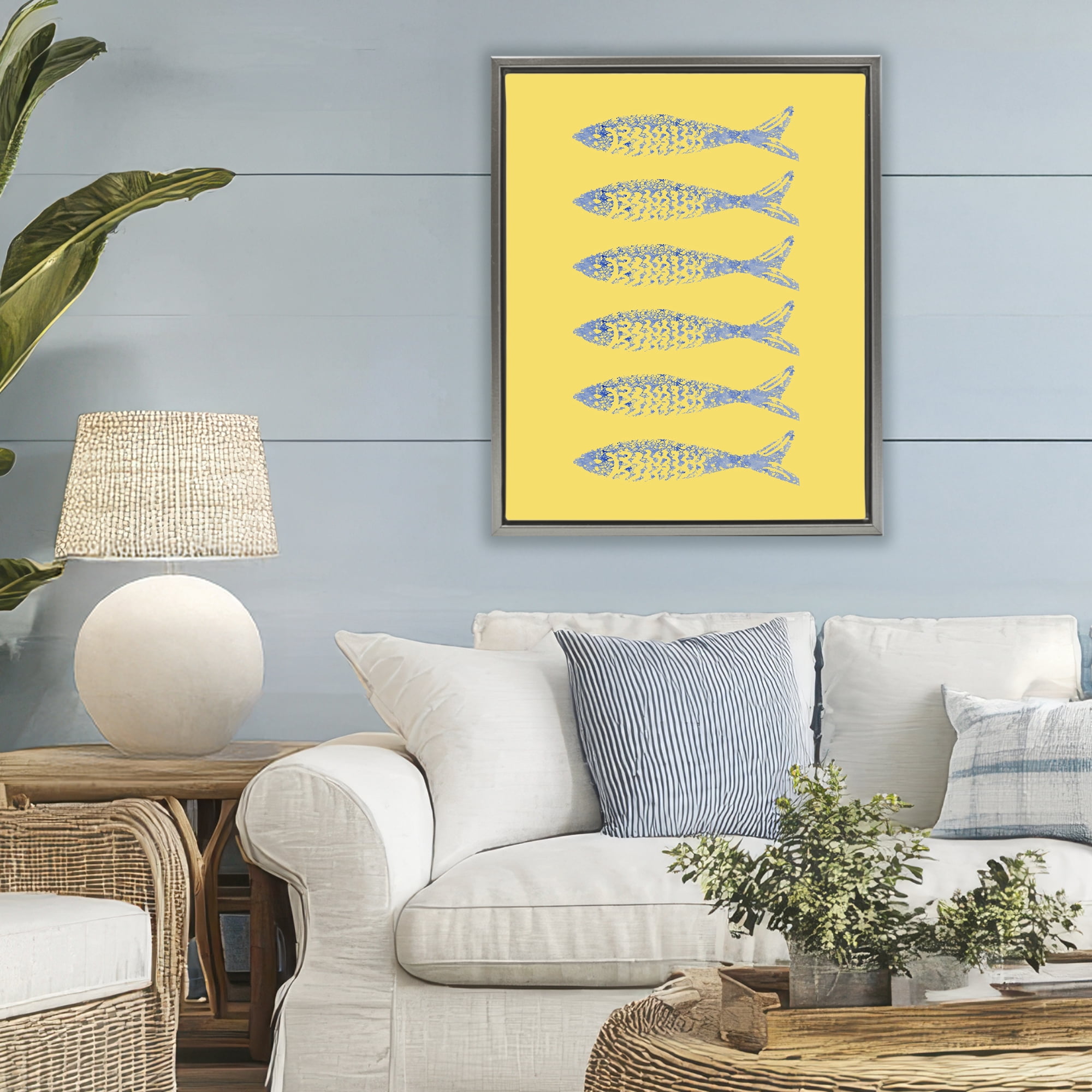 Stupell Industries Sardine Stamps on Yellow Gray Framed Floater Canvas Wall Art, design by Julie DeRice
