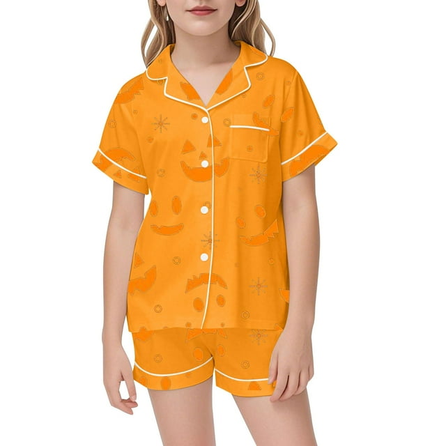 HNMKIU Tenues Imprimées pour Filles Ensemble 2 Pcs Confortable Col Rabattu Tenue Décontractée pour Tout-Petits Enfants Quotidien Maison Orange, 6-7 Ans