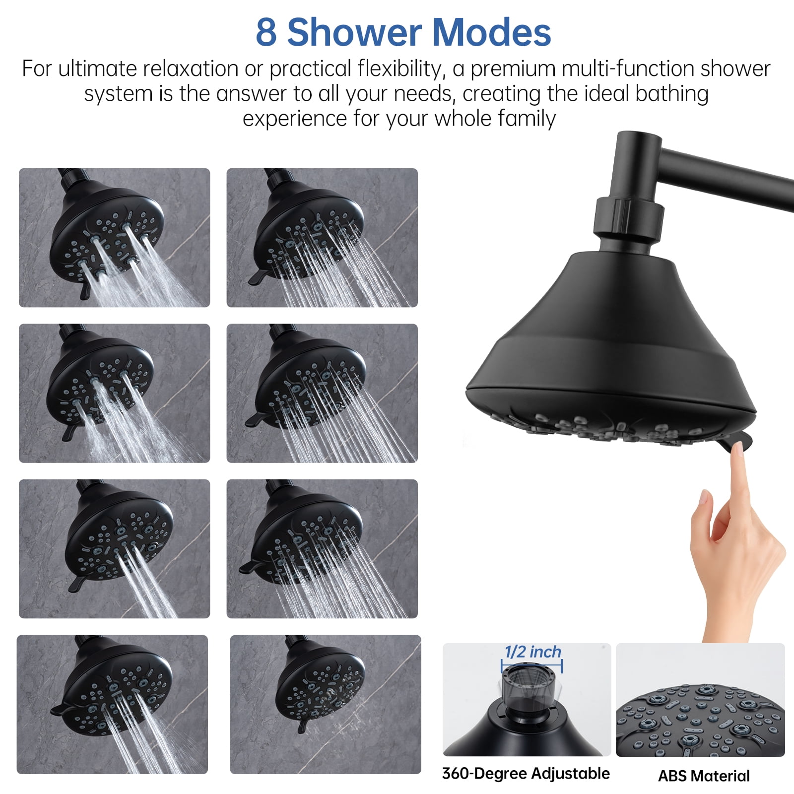 Joyrain Multi-angle adjustable showerhead& Handheld High-pressure 8 Spray Modes Shower Head, Rain Shower Combination with 90° Adjustable Extension Arm