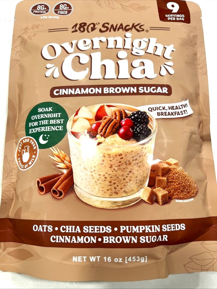 180 Snacks Overnight Chia Oats, Cinnamon Brown Sugar w/ Oats & Pumpkin Seeds, 16 oz, 9 Servings, High Fiber Breakfast Mix