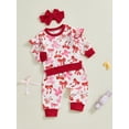 thumbnail image 4 of Toddler Baby Girl Valentine's Day Outfits 6 12 18 24 Months 2T 3T Bow Print Crew Neck Long Sleeve Tops Long Pants Headband 3Pcs Clothes Set, 4 of 9