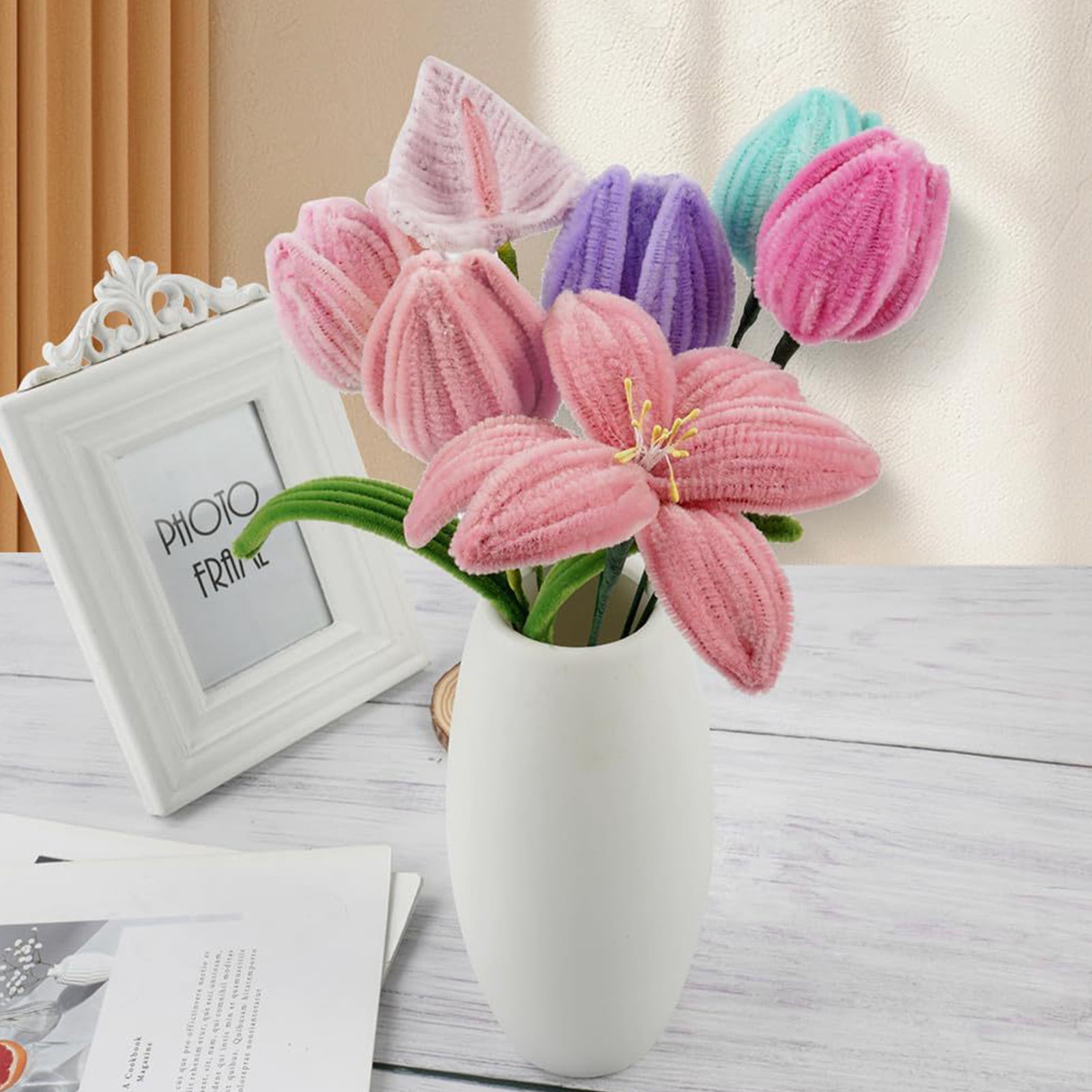 Pipe Cleaners Tulip Kit, Pink Tulip DIY Craft, Have 200 Count Pipe Cleaners Stem Floral Accessories, for Handmade DIY Flower Art Craft