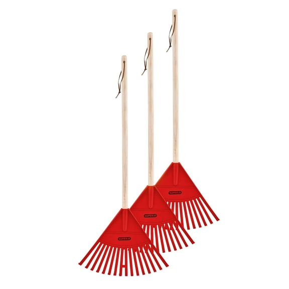 Superio Kids Rake with Hardwood Handle- Durable Plastic Red Head to Sweep Leaves in Lawn and Tidying Up The Garden – 34 “Height (3 Pack)