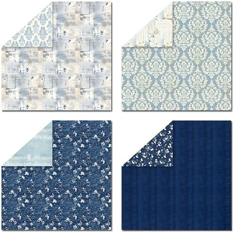 Navy Blue Vintage Floral Scrapbook Paper – 24 Sheets Double-Sided Botanical Designs with Antique Flower Textures, Acid-Free 160g Cardstock for DIY Crafts, Card Making, Scrapbook, Photo Albums