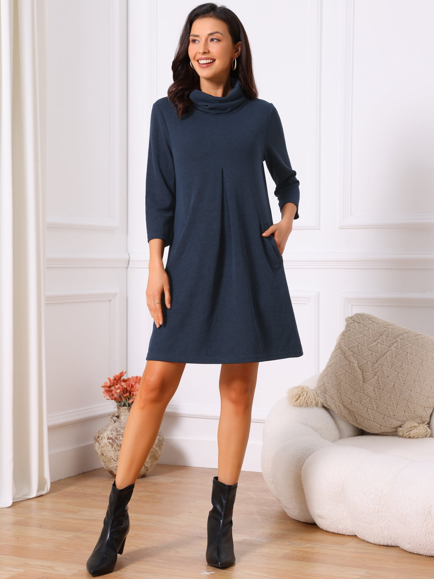 DARING DIVA Women's Knit Dress Turtleneck Pullover Sweater Mini Dress XL Dark Blue