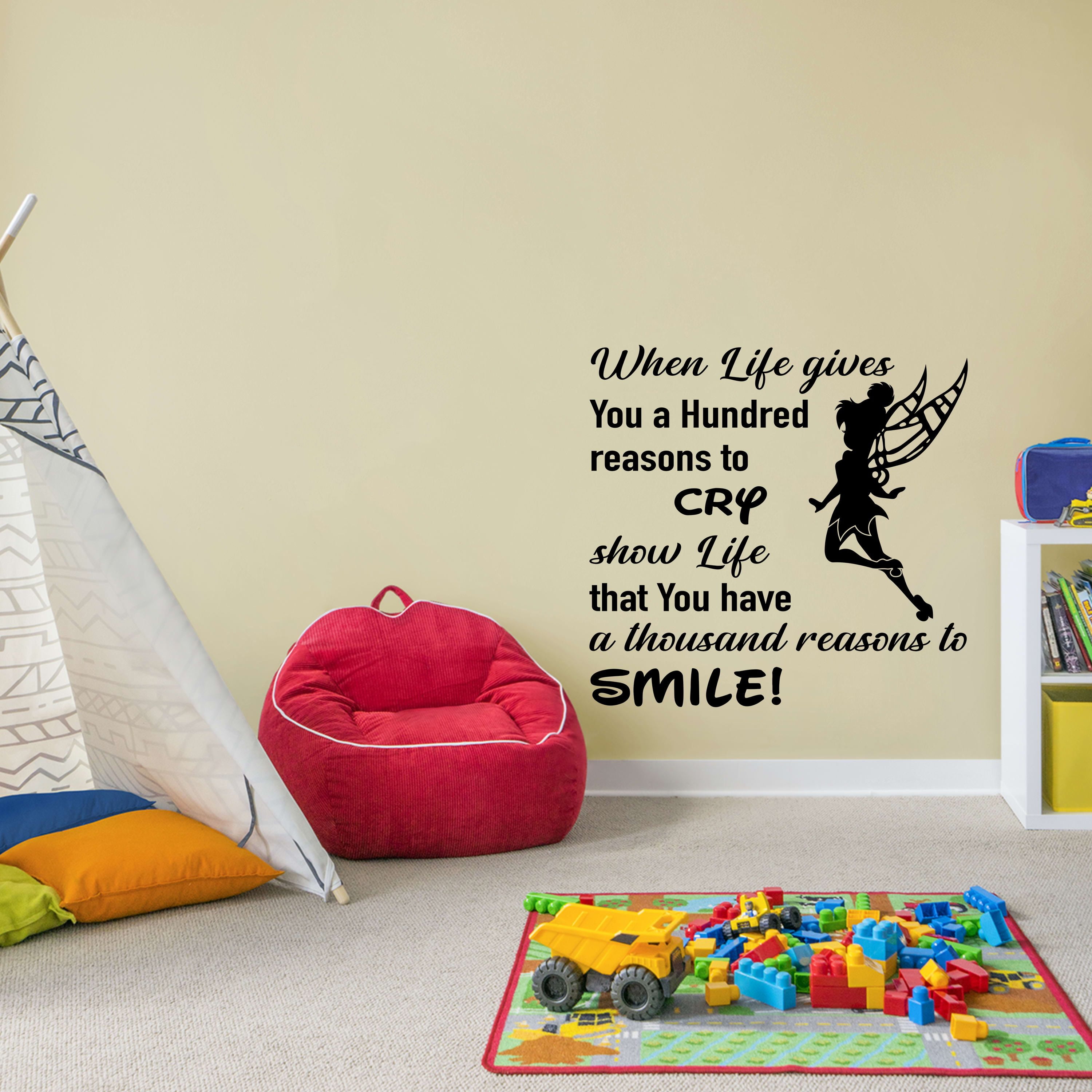 Tinkerbell Smile Life Quote Disney Cartoon Quotes Wall Sticker Art Decal  for Girls Boys Room Bedroom Nursery Kindergarten House Fun Home Decor  Stickers Wall Art Vinyl Decoration Size (40x40 inch) 