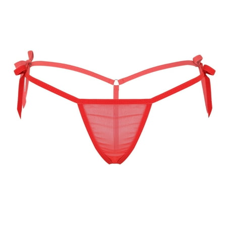 Linjinx Women s Lingerie Sheer Low Rise Tie-Side T Back G-String Micro Thong Underwear Red One Size