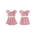 thumbnail image 2 of Cenuakty Toddler Newborn 6M 12M 18M 24M 2T 3T Girl Summer Outfits Solid Color Short Sleeve Buttons Waffle Tops and Pleated Shorts 2Pcs Clothes Set, 2 of 9