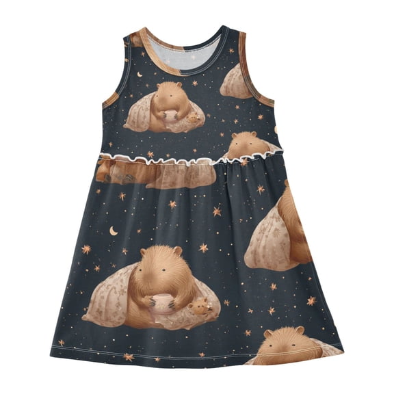 Girls Dress Capybara Sleeping on Blanket Sleeveless Dress for Girls Hem A-Line Casual Sundress