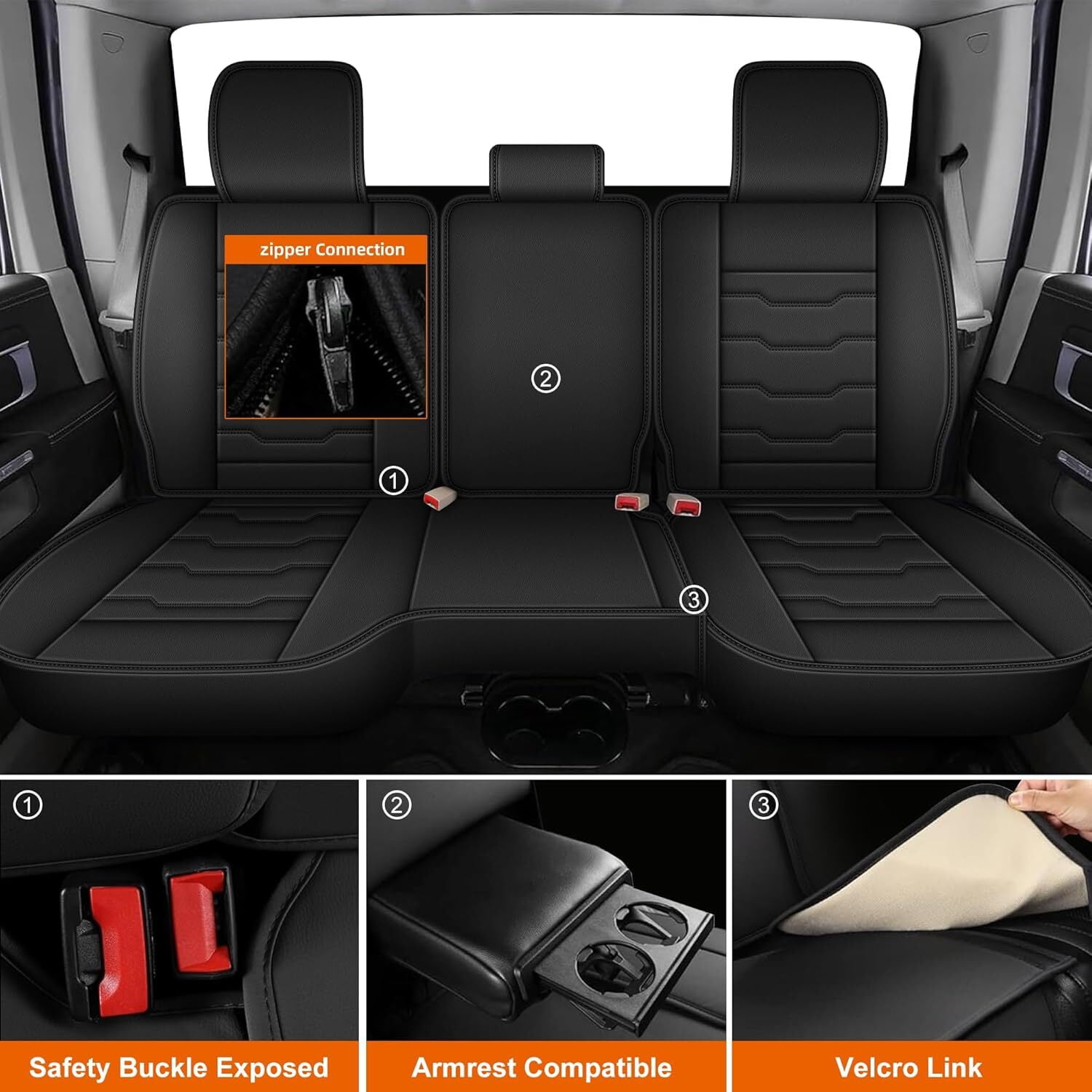 Custom Seat Covers Fit for Dodge RAM 2002-2024 2025 2026: Leather Car Seat Covers Waterproof for RAM 1500 2500 3500 Truck Pickup Crew Quad Cab with Split Bench (Black, Full Set Curved Back)