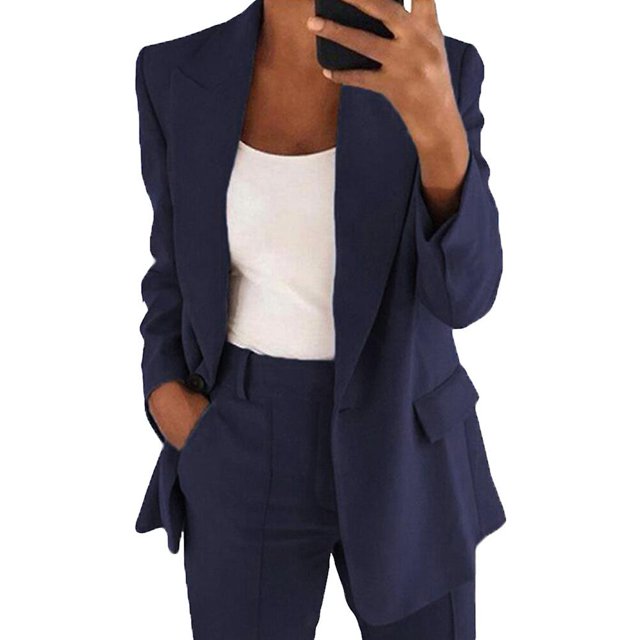 Women's 2 Piece Business Suit Set Lapel Single-breasted Polyester Suit Jacket With Straight Trousers