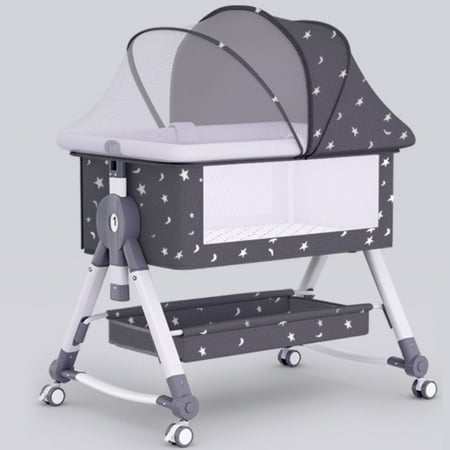 JOJOLAM Baby Bassinet 4 in 1 Infant Bedside Crib with Storage Basket and Wheel Adjustable Height Infant Cradle Changing Table Black