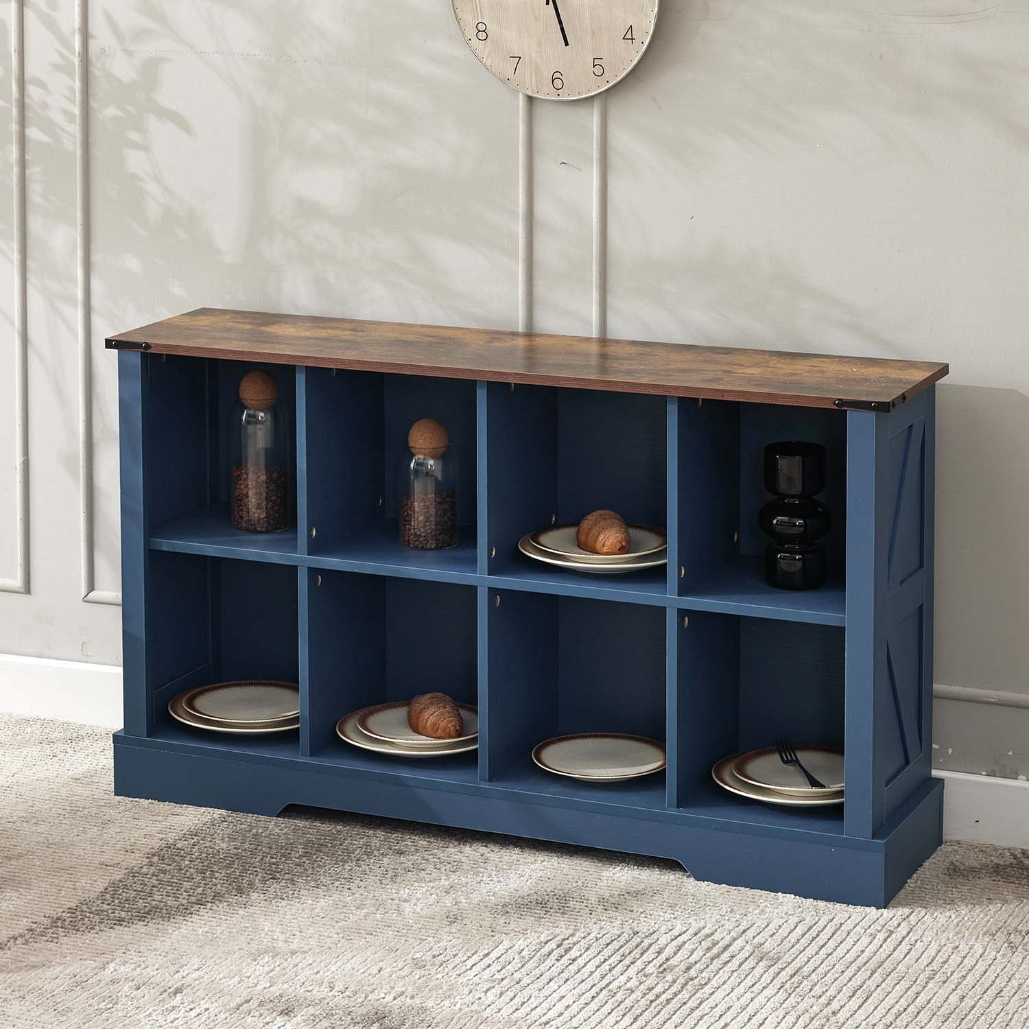 8-Cube LED Bookshelf - Mid-Century Modern Wood Storage Shelf for Bedroom, Living Room & Office, Blue