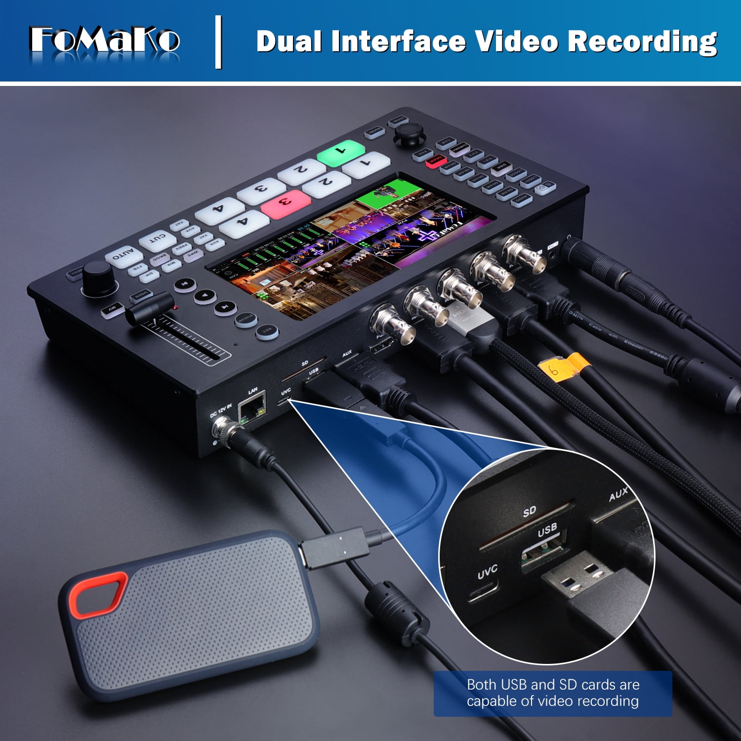 FoMaKo 4K SDI HDMI Video Mixer Switcher, 5.5 Inch FHD LCD Screen, 5-channel HDMI live Streaming Switcher, 4K 60FPS Input, 1080p 60FPS Output,Support PTZ Controller, SDI+HDMI Video Switcher,M4