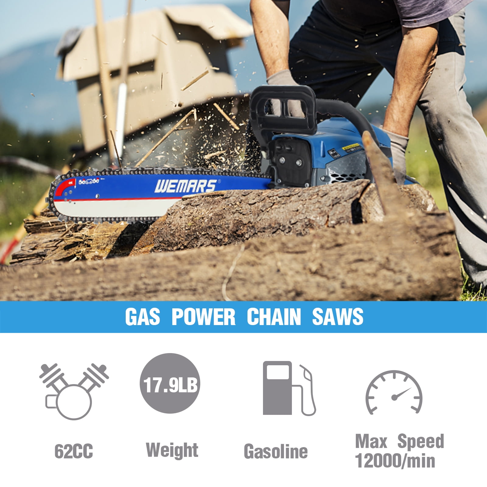 WEMARS 20" 62cc 2-Cycle Gas Powered Handheld Chainsaw