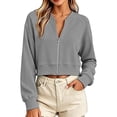 thumbnail image 2 of DIOAZUD Women's Cropped Zip up Sweatshirts Long Sleeve Full Zip Sweatshirt Jacket Collarless V Neck Casual Crop Cardigan Fall Clothes Gray S-XXL, 2 of 6