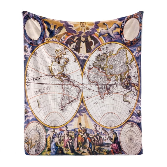 World Map Soft Flannel Fleece Blanket, Antique Map with Farmers Field Sun Birds Clouds Fantasy Sky in Old Painting Style, Cozy Plush for Indoor and Outdoor Use, 70" x 90", Multicolor, by Ambesonne