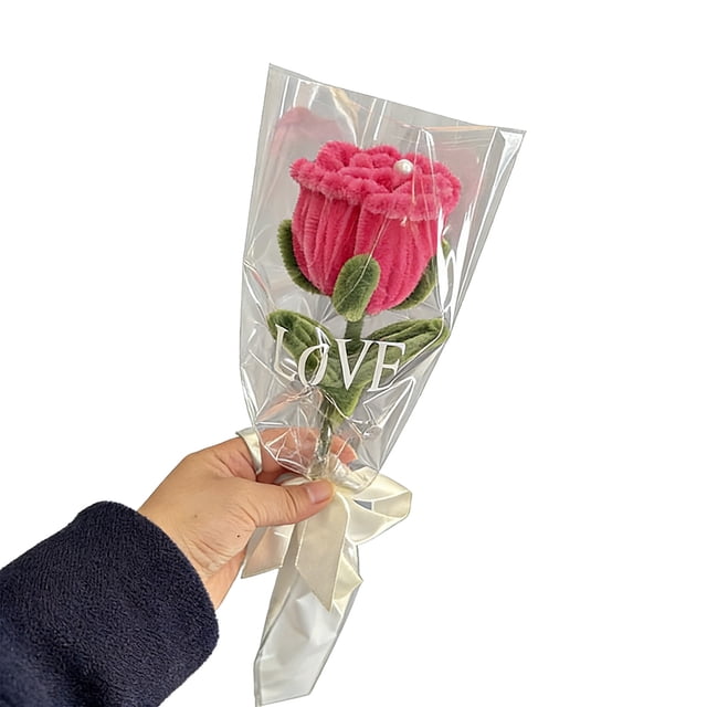 Rosa artificial de limpiapipas terminada, hecha a mano, preservada, tallo de flor falsa, palo de peluche, decoración floral, aniversario de boda, día de la madre, regalo de cumpleaños