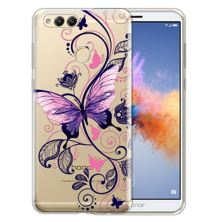 FINCIBO Soft TPU Clear Case Slim Protective Cover for Huawei Honor 7X, Pink Purple Butterfly Curly (Best Romantic Pick Up Lines)