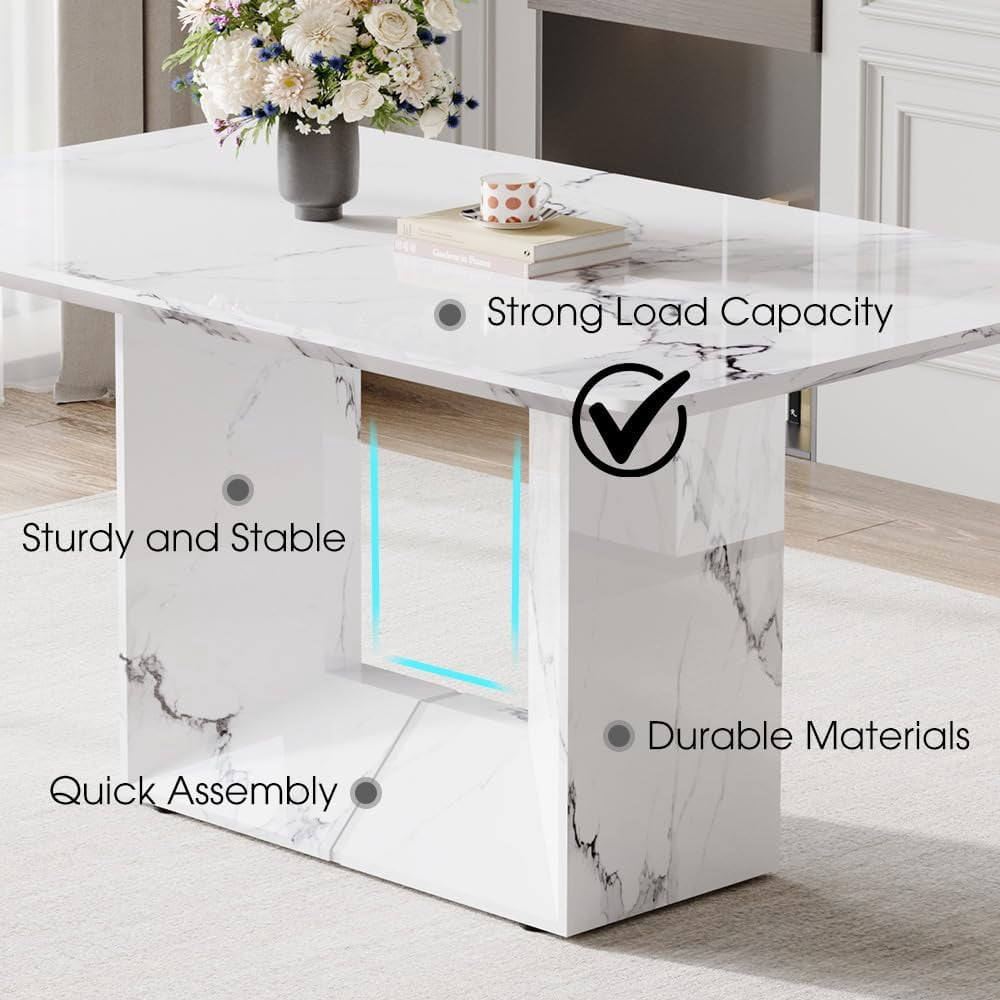 JUFU 63'' Faux Marble Dining Table, White MDF Rectangle Kitchen Table for 4–6, Modern Dining Room Table
