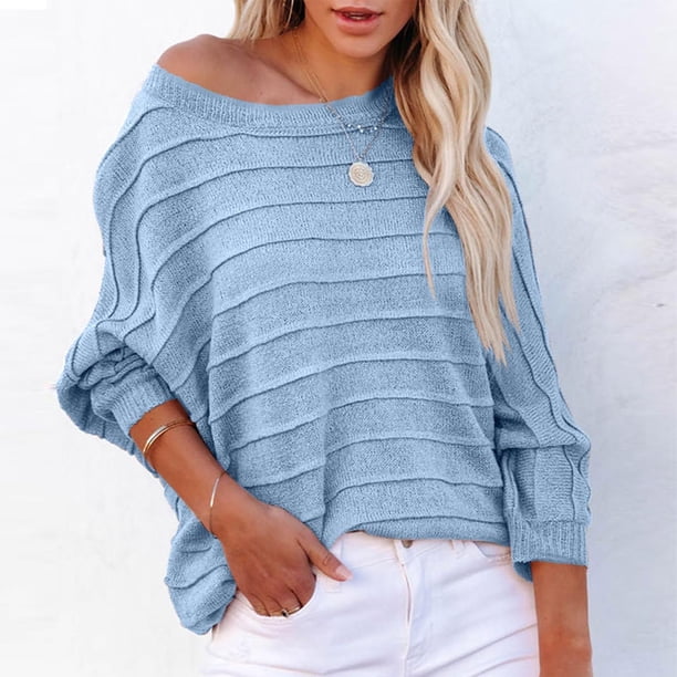 Suéter de cuello redondo para mujer, otoño/invierno, jersey con hombros descubiertos, suéter de punto holgado con cuello redondo, suéter para mujer