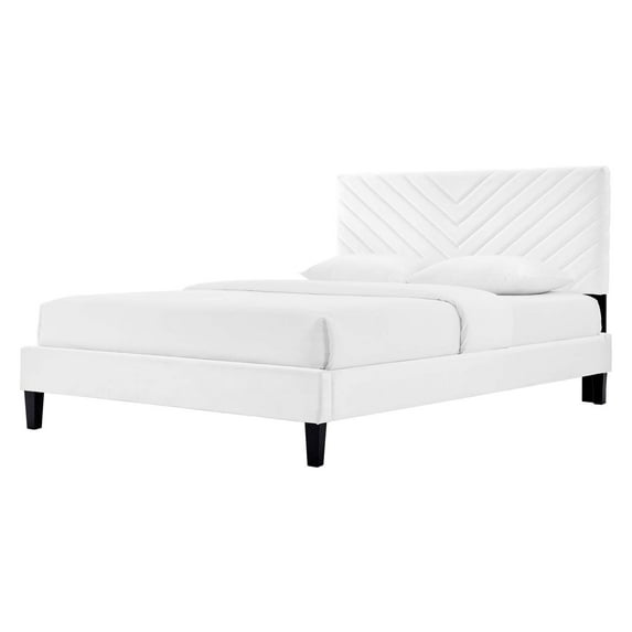 Platform Bed Frame, Queen Size, White, Velvet, Modern Contemporary, Bedroom Master Guest Suite Room
